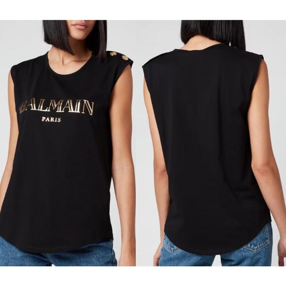 Balmain 3 Button Metallic Vintage Logo Sleeveless Tank Top Black Women's 38 / 6 - Picture 1 of 6